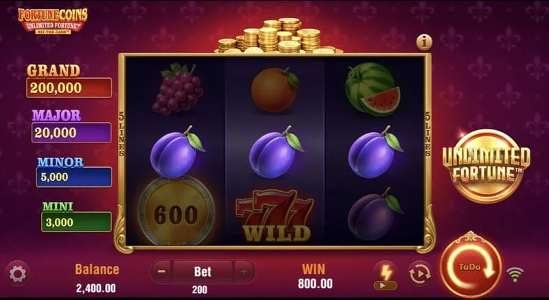 Fortune Coins Unlimited Fortune - საბაზისო 3x3 ბადე ხილის სიმბოლოებით